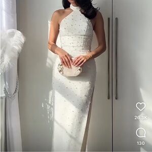 Pearl embellished white halter dress with slip